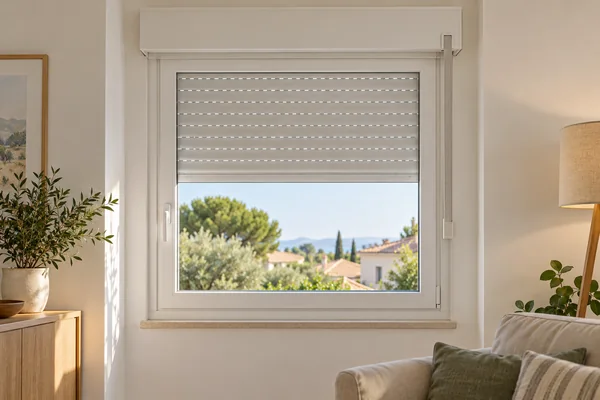 Ventana blanca con persiana parcialmente bajada, cajón superior y cinta en el lateral derecho.