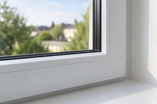 Detalle de la esquina de una ventana blanca, con el vidrio y su junta oscura.