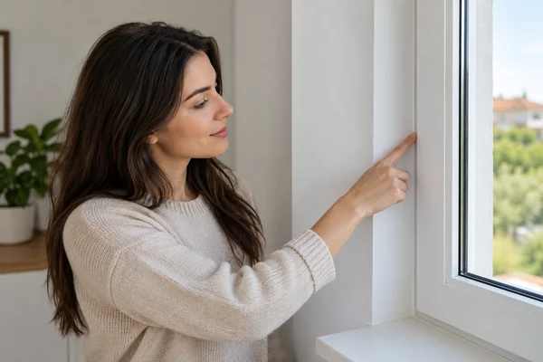 Una mano señala el encuentro entre un marco blanco y la pared.