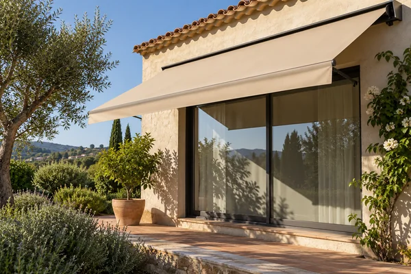 Toldo beige desplegado sobre un ventanal en la fachada de una vivienda.